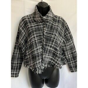 Zara Tweed Plaid Fringe Sweater Jacket Crop Shrug Black White XS Turtleneck  Cute